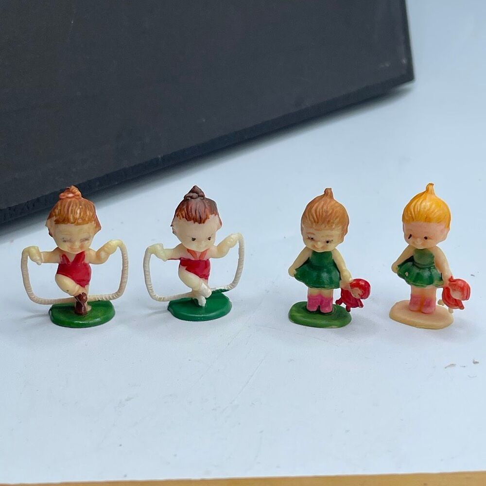 Vintage miniature lot of 4 fairy garden train set kids playing figures.